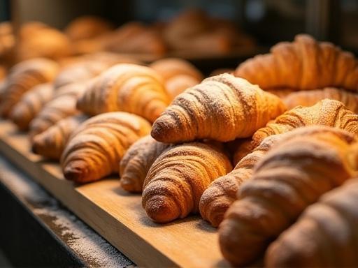 Cornetti appena sfornati e dolci artigianali su un'esposizione in pasticceria